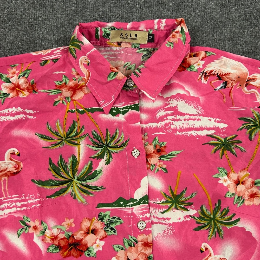 SSLR Shirt Womens Size M Pink Flamingo Tropical Floral Short Sleeve Button Up